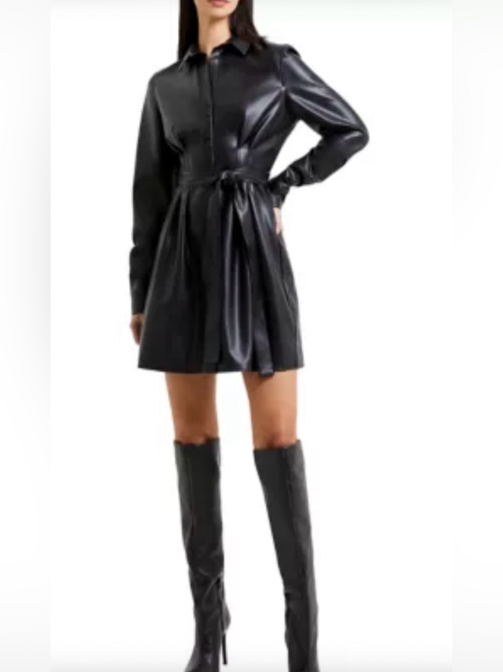 Black Faux Leather Dress with Tie Waist